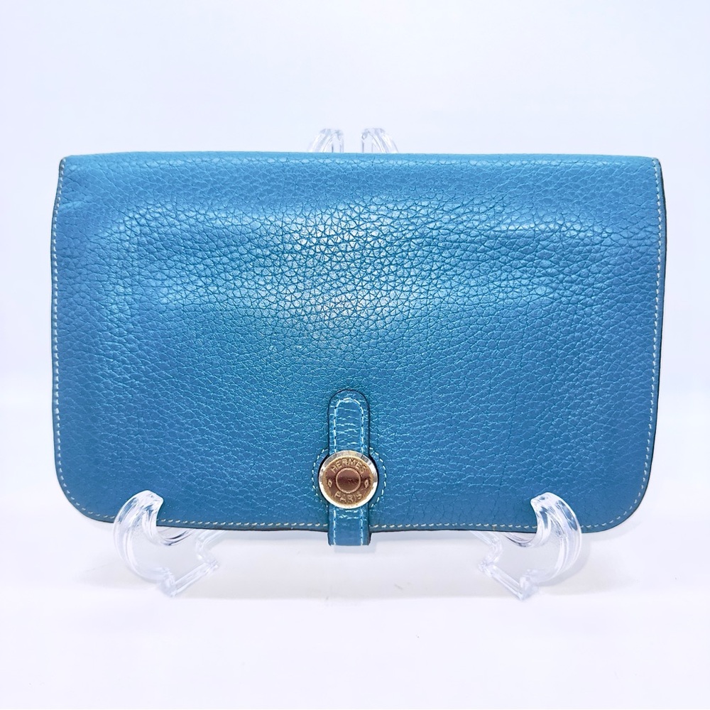 Authentic Hermes Dogon Duo Wallet with Zip Pouch in  Bleu Jean Togo Leather EUC